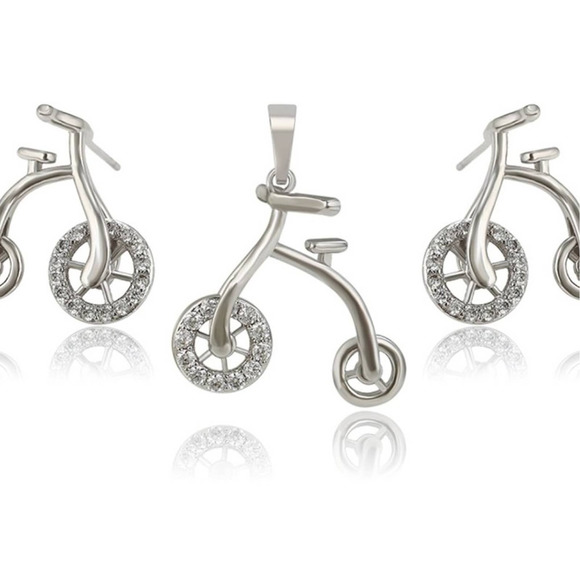 Jewelry - Bike Simulated Diamonds Earrings & Necklace Set 18k White Gold Plated